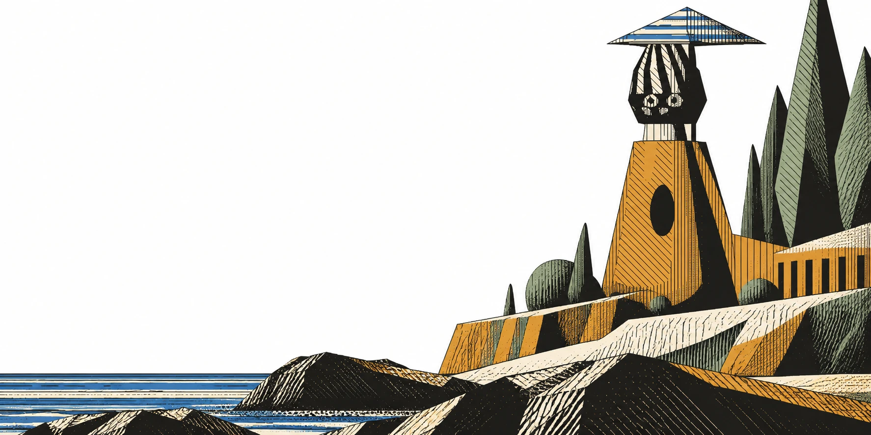 The engraved island coast, a monumental keeper and geometric trees